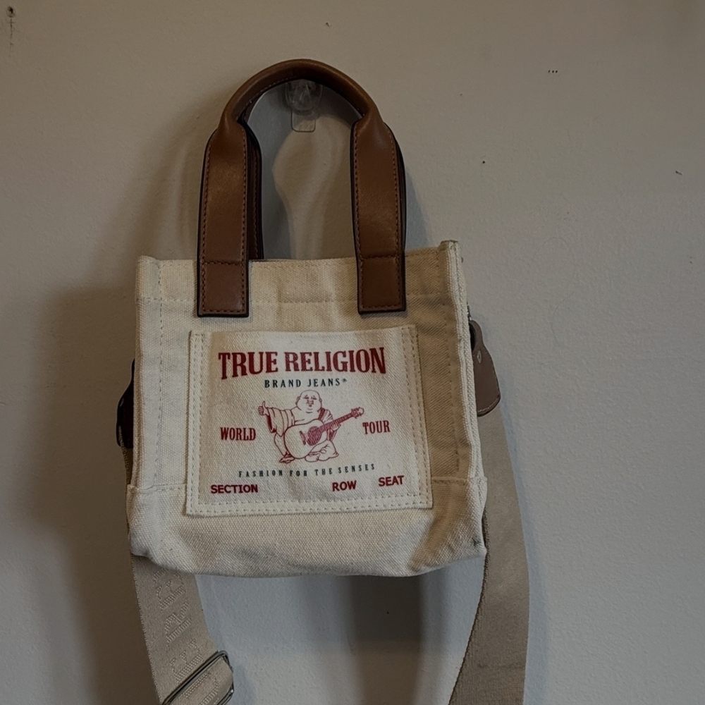 True Religion Mini Logo Tote Bag w/ Shoulder Strap Natural Travel Crossbody Used